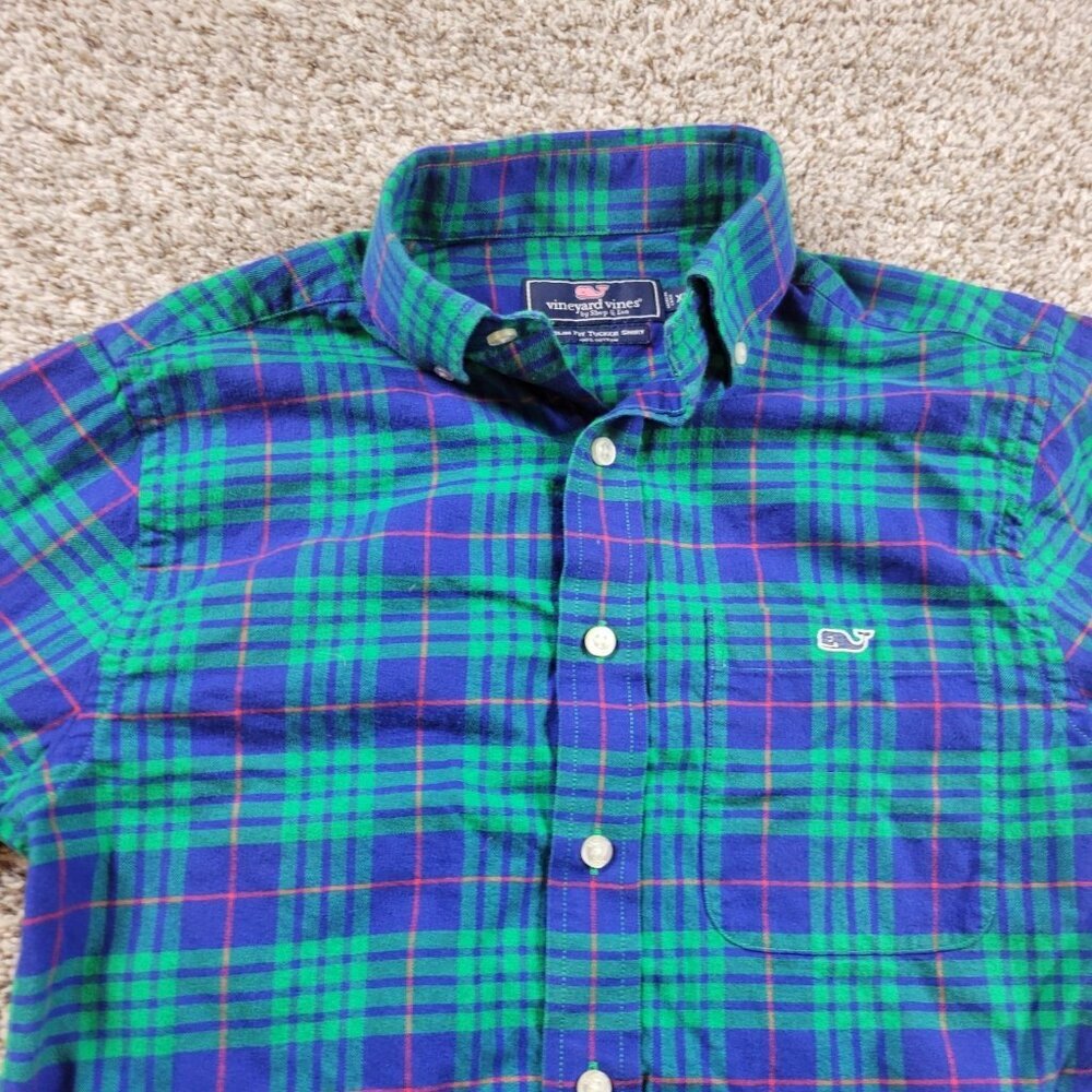 Vineyard Vines Shirt Mens XS Plaid Flannel Green Blue Long Sleeve Slim Trucker